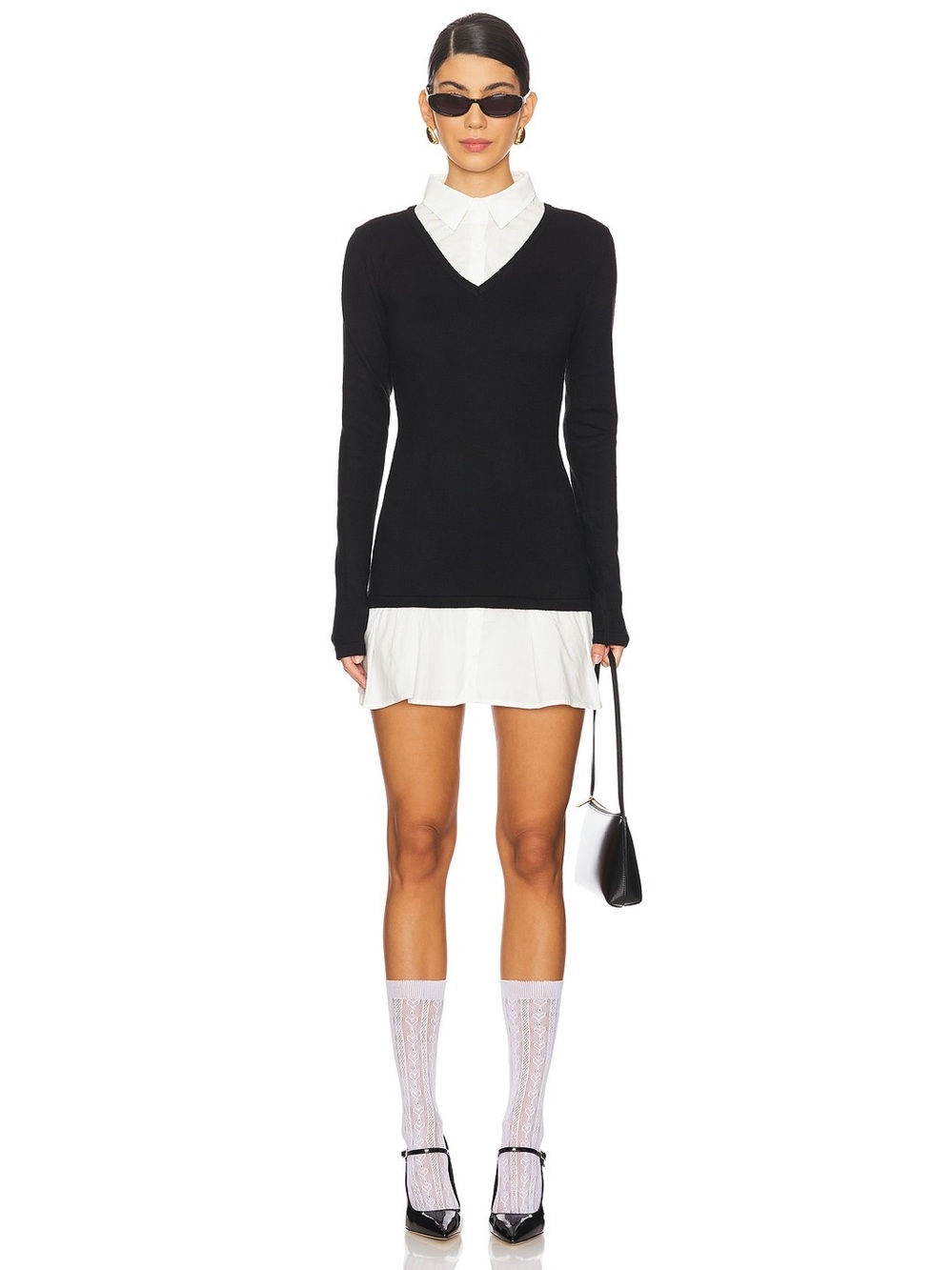 Lioness Femme Mini Dress Onyx Black White Collared Sweater Dress | Size S